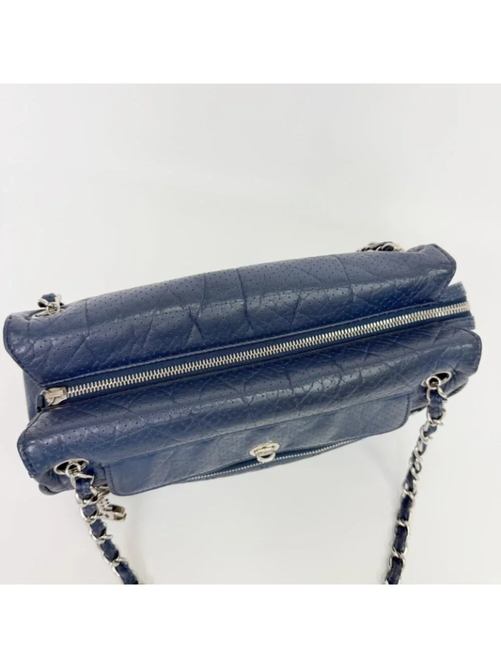 Chanel CC Logo Quilted Perforated Shoulder Bag Leather Blue Silver Vintage